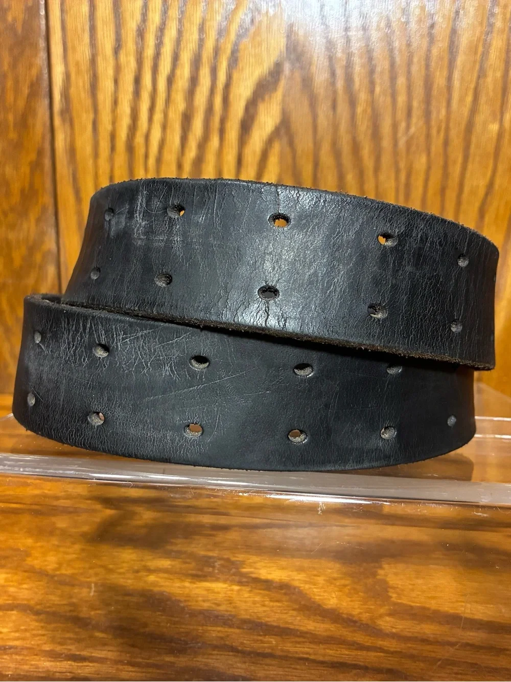 Vintage USA MADE Men’s Black Leather Double Prong Distressed Belt Adjustable